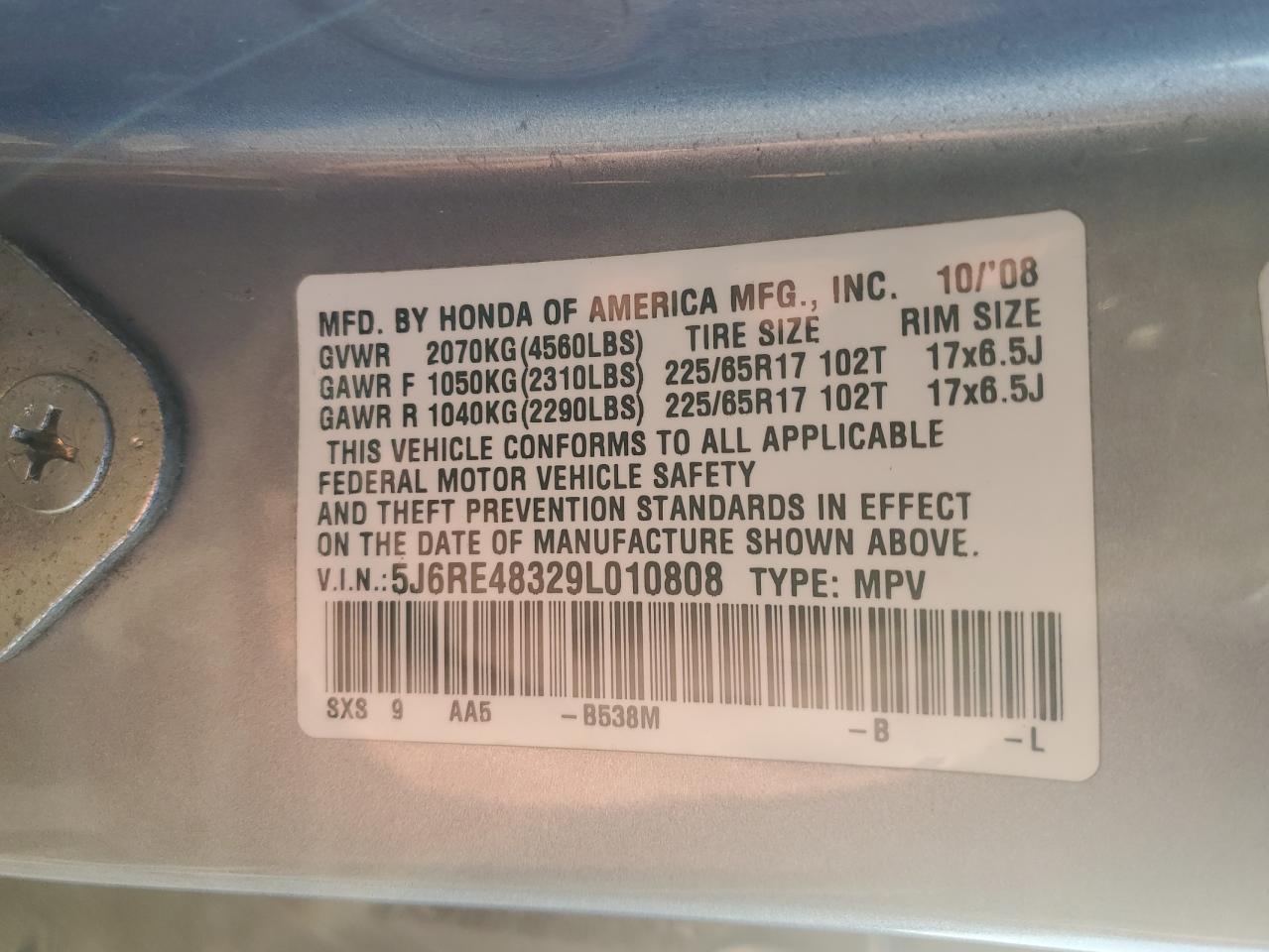 2009 Honda CR-V VIN 5J6RE48329L010808 Copart auction photo, front end / minor dent/scratches damage thumbnail 13
