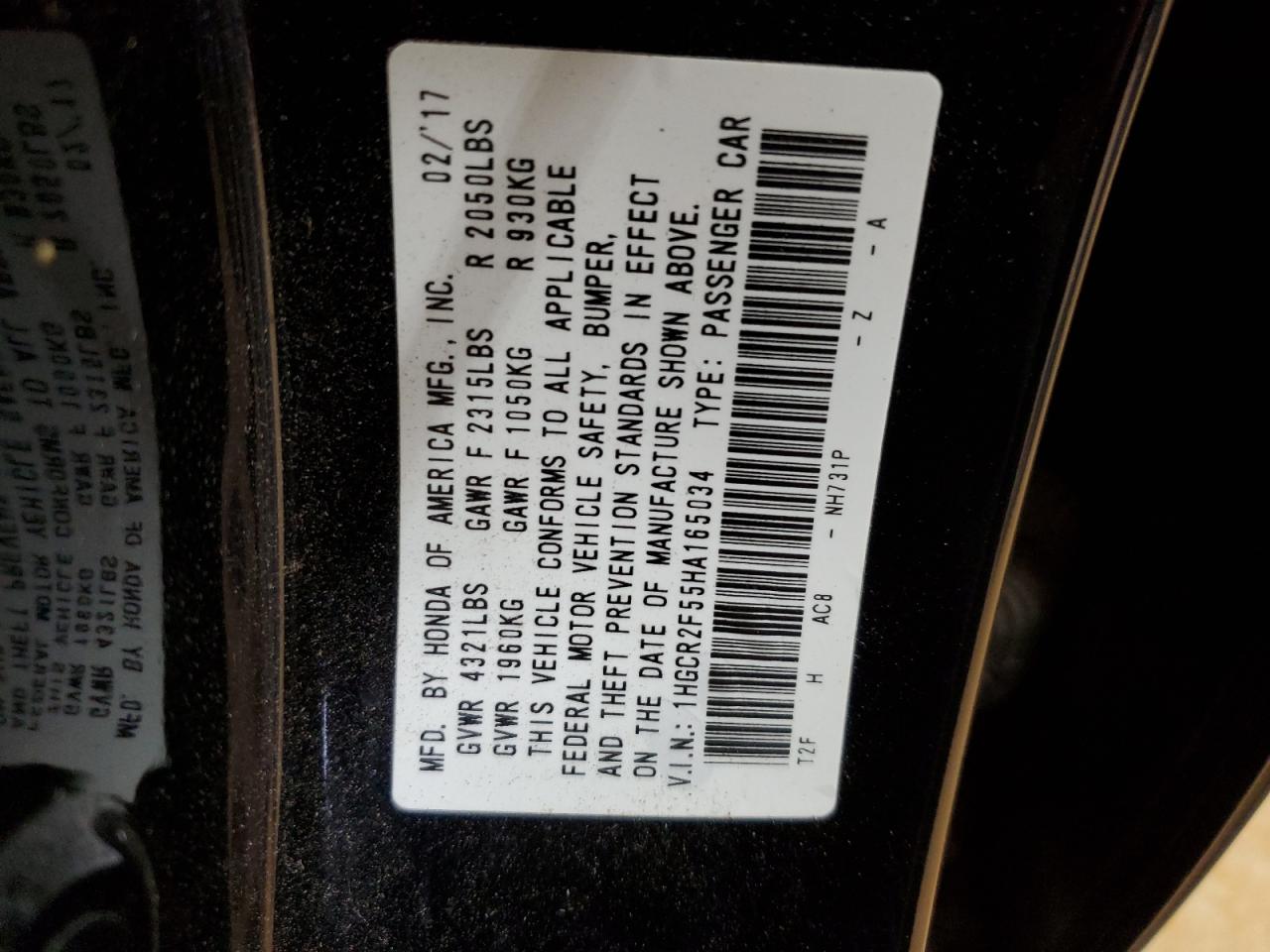 2017 Honda Accord VIN 1HGCR2F55HA165034 Copart auction photo, front end damage thumbnail 12
