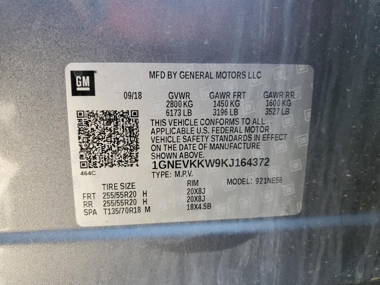 2019 Chevrolet Traverse VIN 1GNEVKKW9KJ164372 Copart auction photo, minor dent/scratches damage thumbnail 13