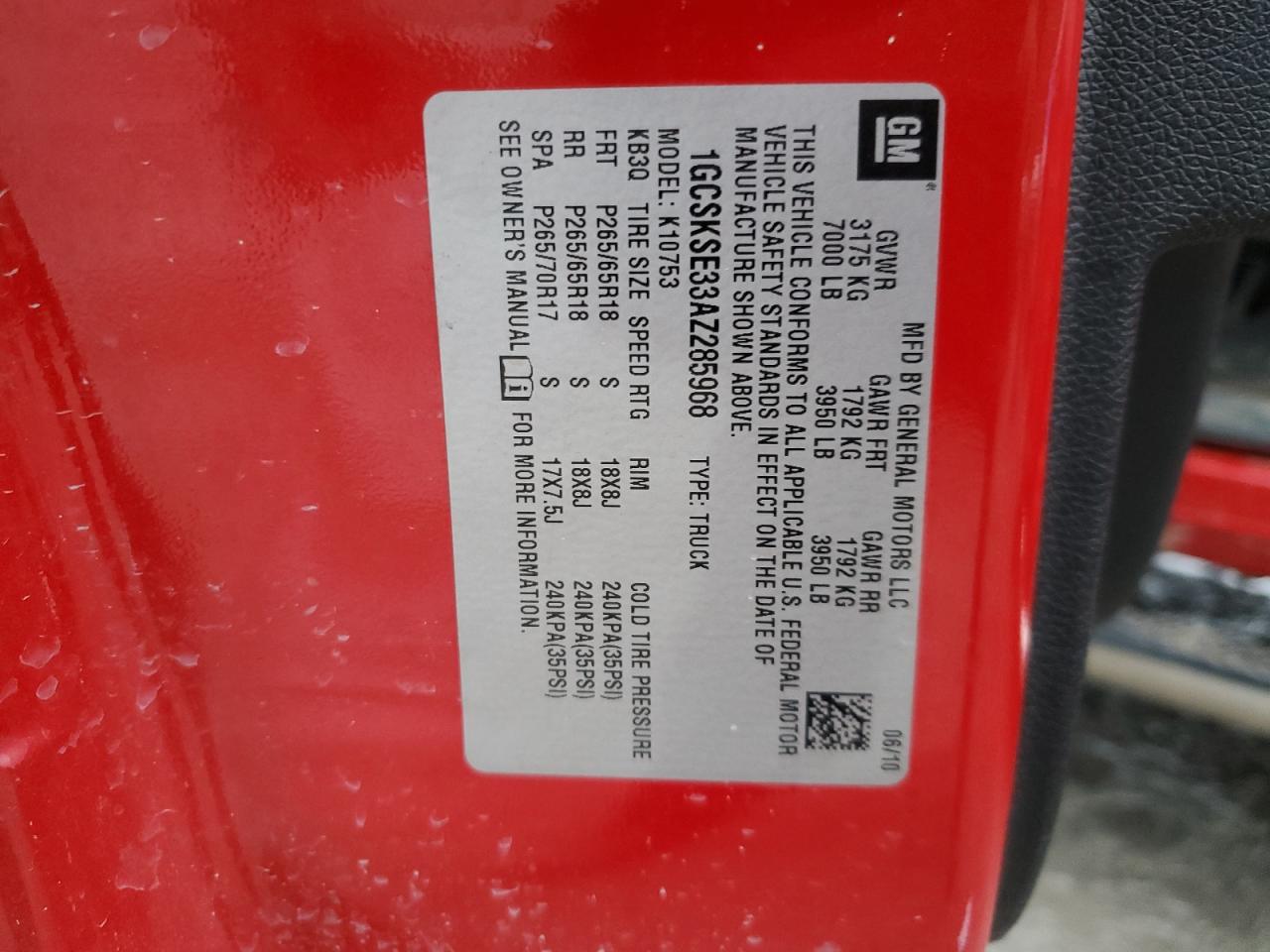 2010 Chevrolet Silverado VIN 1GCSKSE33AZ285968 Copart auction photo, front end / rear end damage thumbnail 12