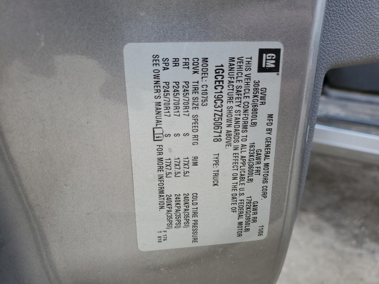2007 Chevrolet Silverado VIN 1GCEC19C37Z506718 Copart auction photo, all over damage thumbnail 12
