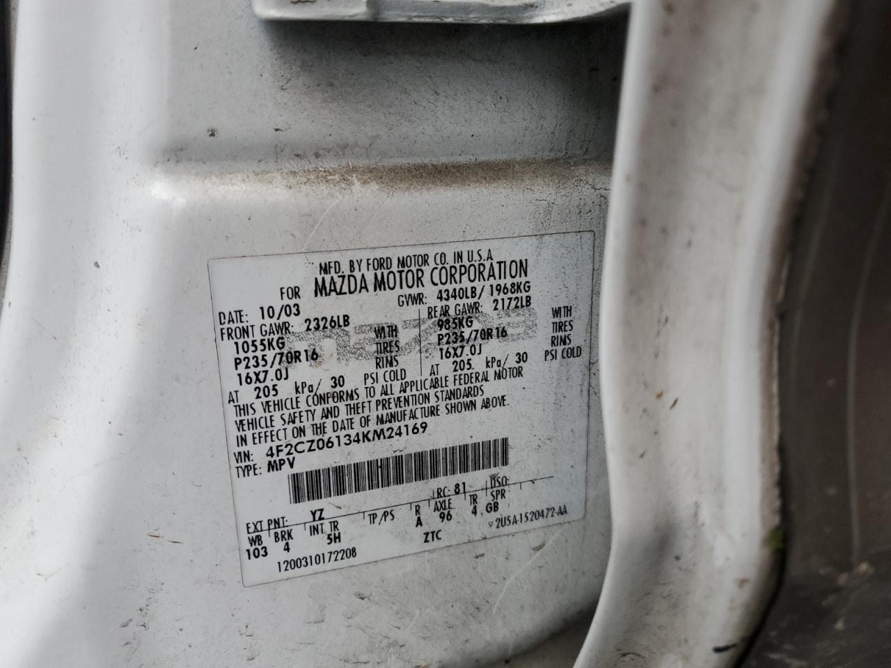 2004 Mazda Tribute VIN 4F2CZ06134KM24169 Copart auction photo, all over damage thumbnail 15
