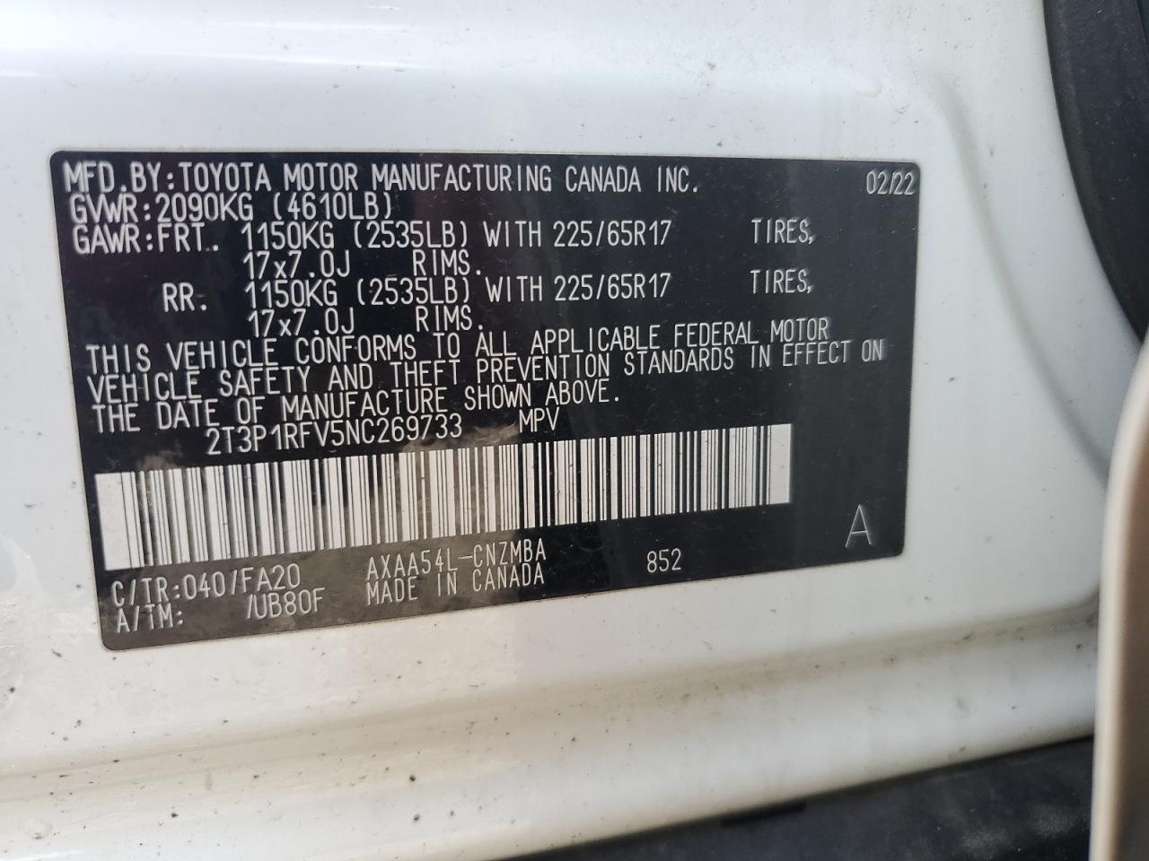 2022 Toyota RAV 4 VIN 2T3P1RFV5NC269734 Copart auction photo, stripped / all over damage thumbnail 14