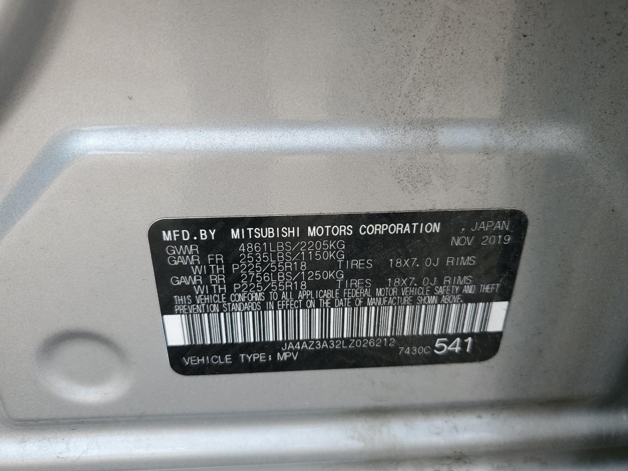 2020 Mitsubishi Outlander VIN JA4AZ3A32LZ026212 Copart auction photo, front end damage thumbnail 12