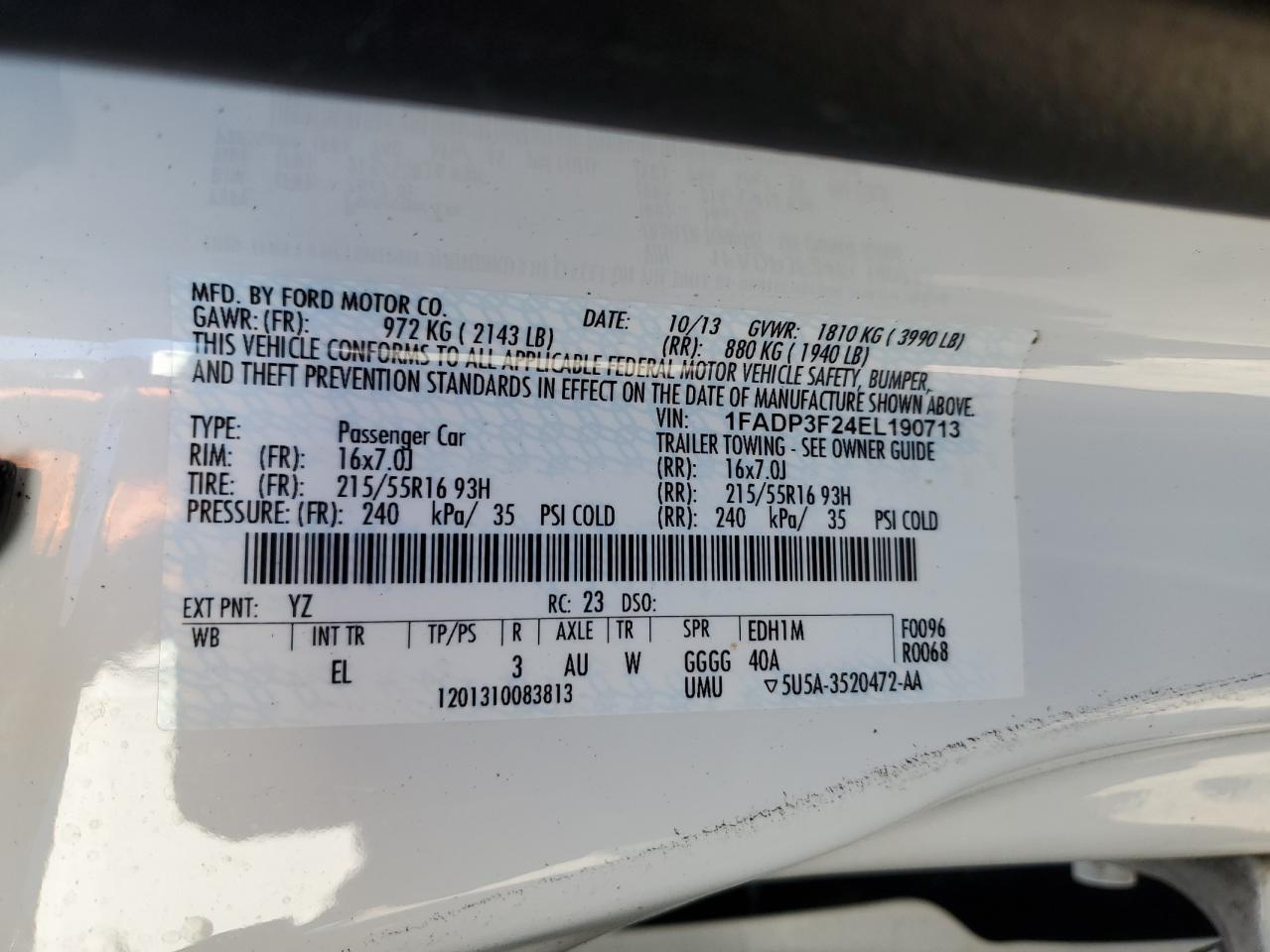 2014 Ford Focus VIN 1FADP3F24EL190713 Copart auction photo, side damage thumbnail 12
