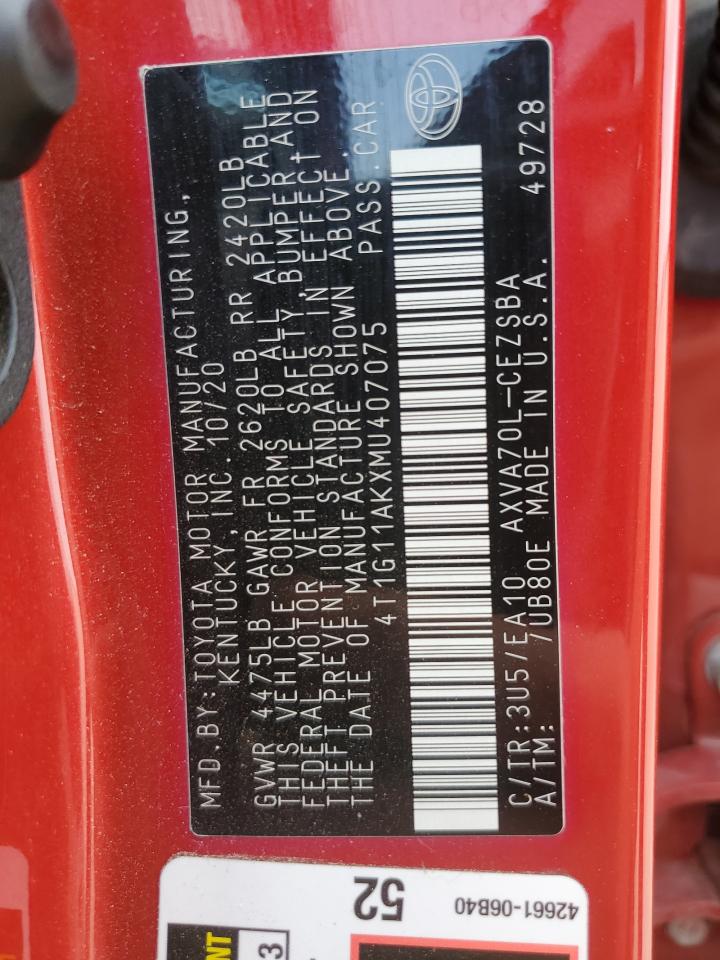2021 Toyota Camry VIN 4T1G11AKXMU407075 Copart auction photo, front end / minor dent/scratches damage thumbnail 14