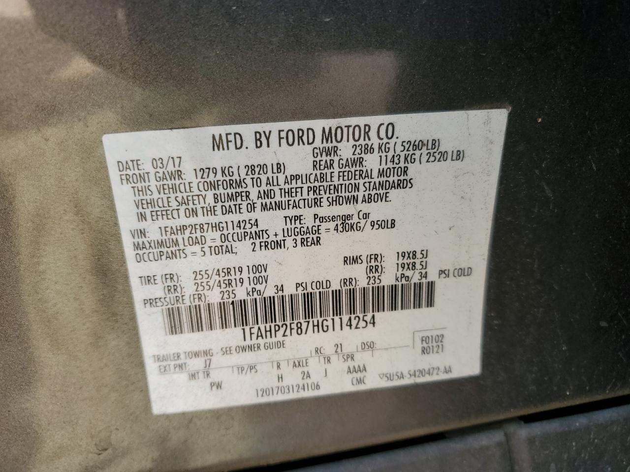 2017 Ford Taurus VIN 1FAHP2F87HG114254 Copart auction photo, front end damage thumbnail 12