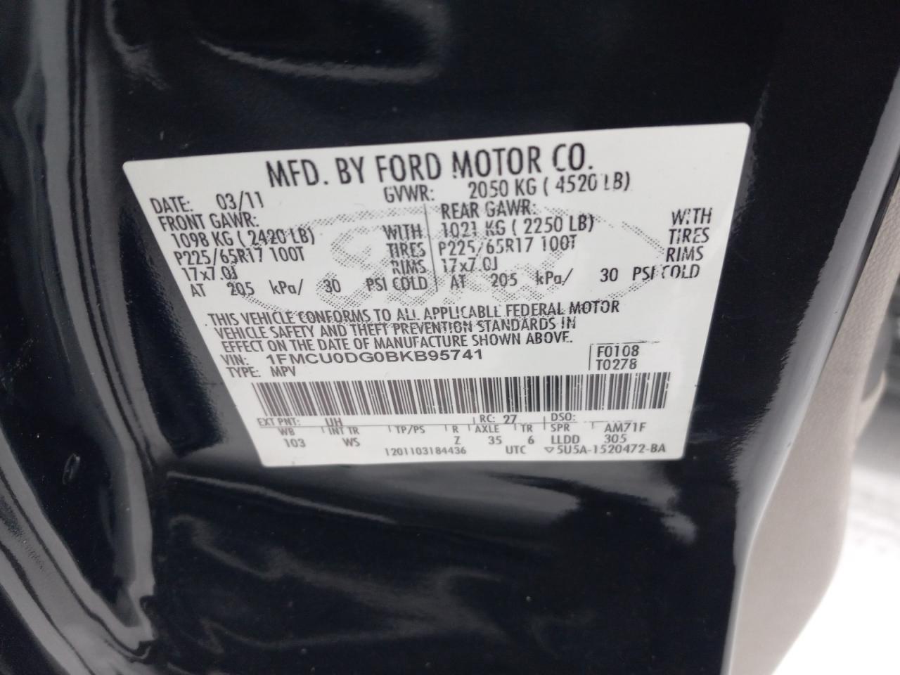 2011 Ford Escape VIN 1FMCU0DG0BKB95741 Copart auction photo, side damage thumbnail 12