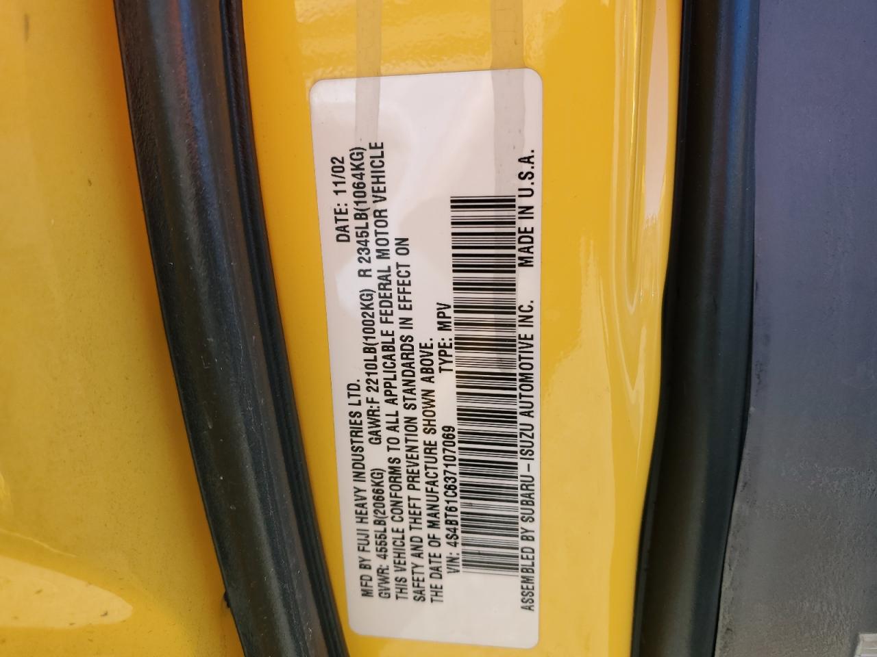 2003 Subaru Baja VIN 4S4BT61C637107069 Copart auction photo, front end / side damage thumbnail 14
