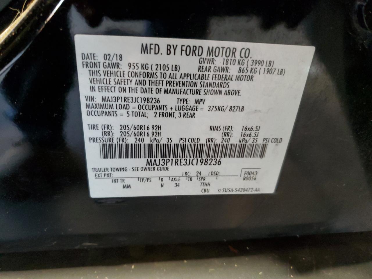 2018 Ford EcoSport VIN MAJ3P1RE3JC198236 Copart auction photo, front end damage thumbnail 13