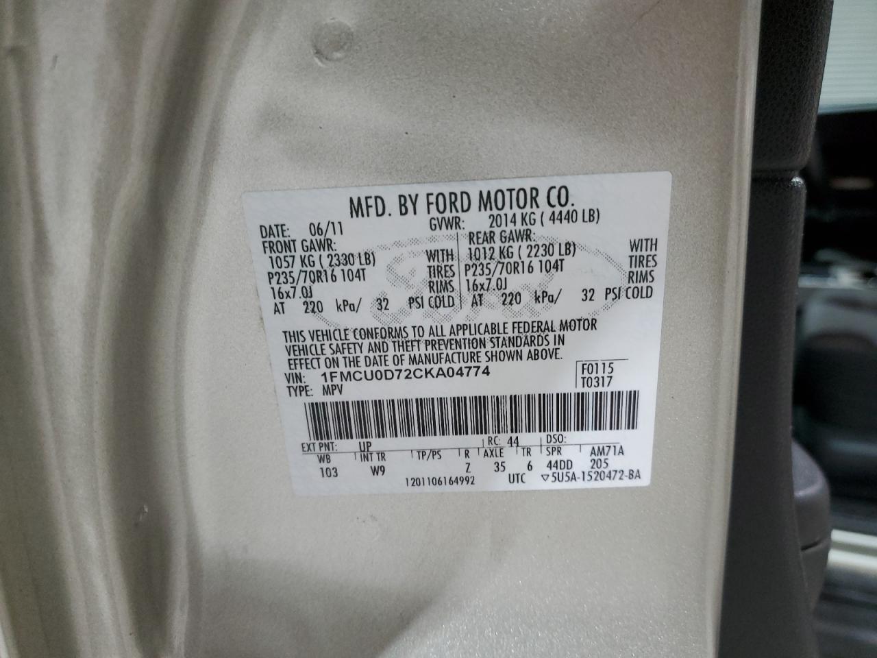 2012 Ford Escape VIN 1FMCU0D72CKA04774 Copart auction photo, side / front end damage thumbnail 13