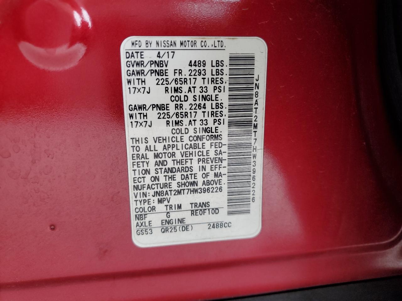 2017 Nissan Rogue VIN JN8AT2MT7HW396226 Copart auction photo, front end / side damage thumbnail 13