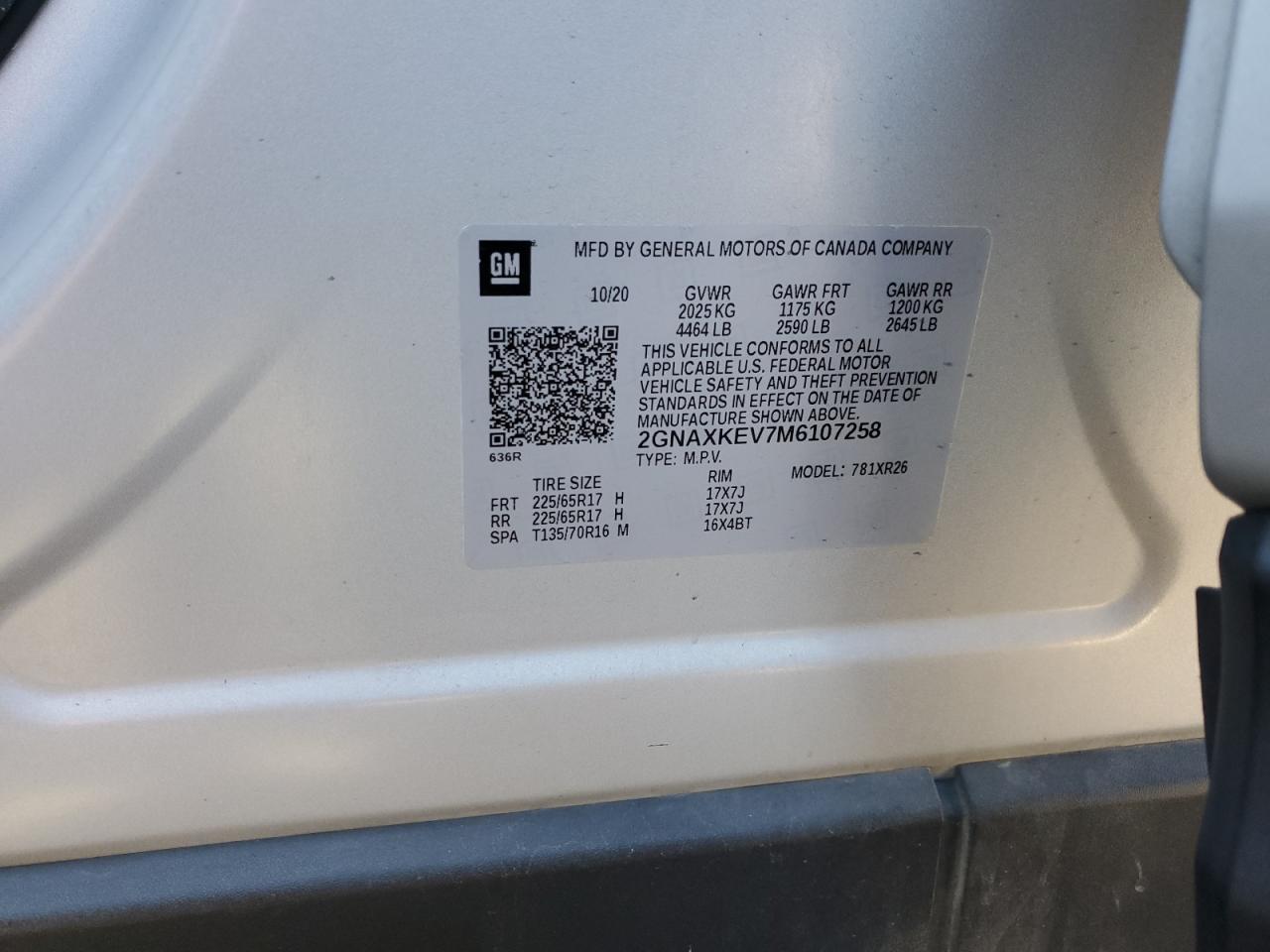 2021 Chevrolet Equinox VIN 2GNAXKEV7M6107258 Copart auction photo, mechanical / front end damage thumbnail 13
