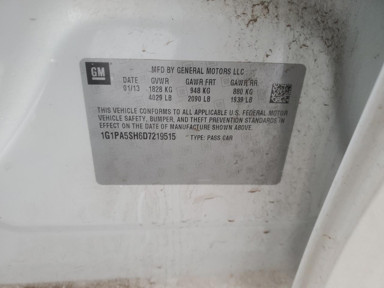 2013 Chevrolet Cruze VIN 1G1PA5SH6D7219515 Copart auction photo, rear end damage thumbnail 12