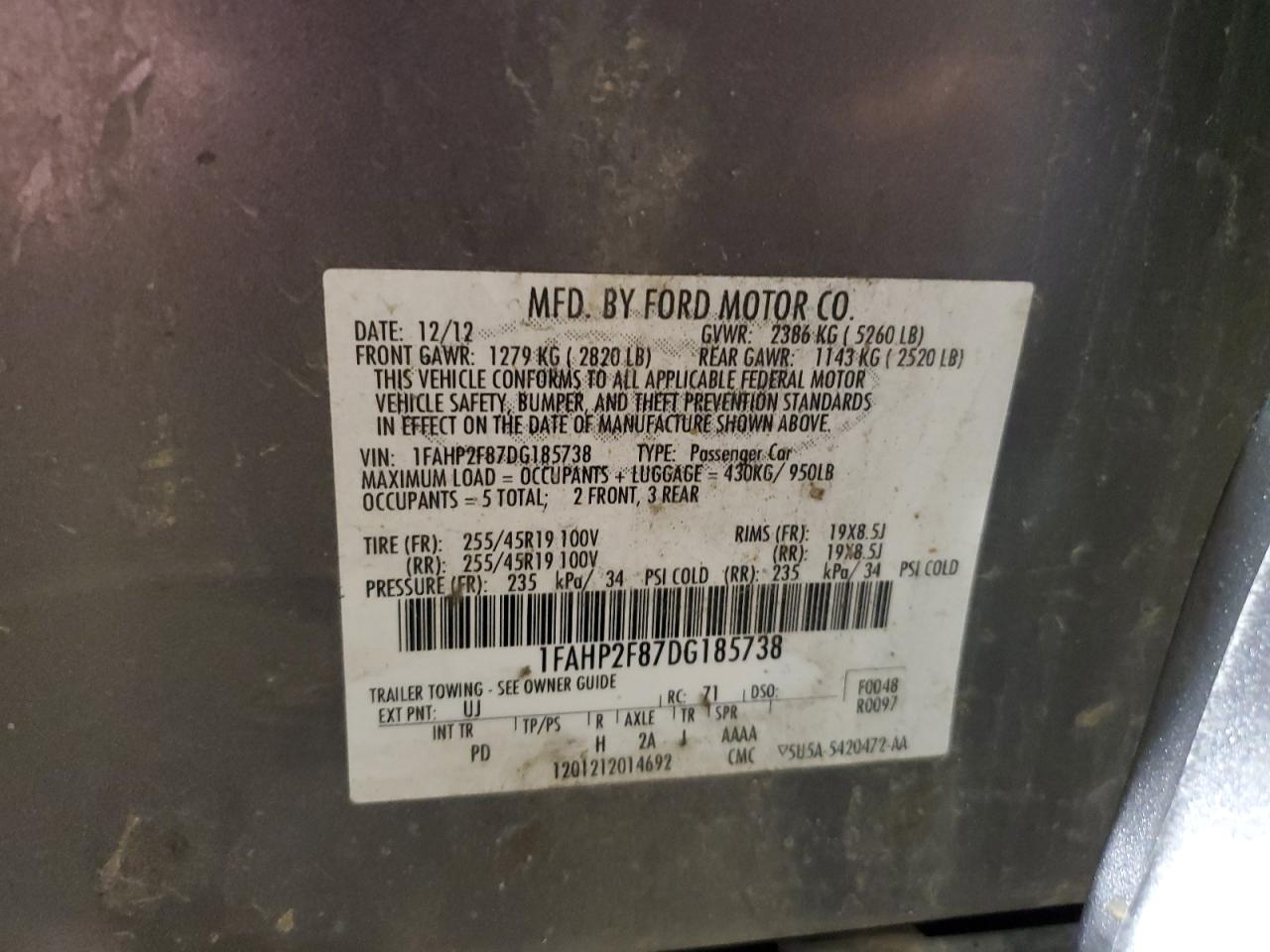 2013 Ford Taurus VIN 1FAHP2F87DG185738 Copart auction photo, front end damage thumbnail 14