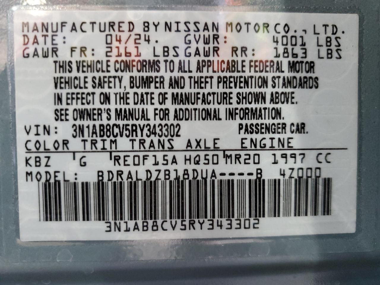 2024 Nissan Sentra VIN 3N1AB8CV5RY343302 Copart auction photo, front end damage thumbnail 14