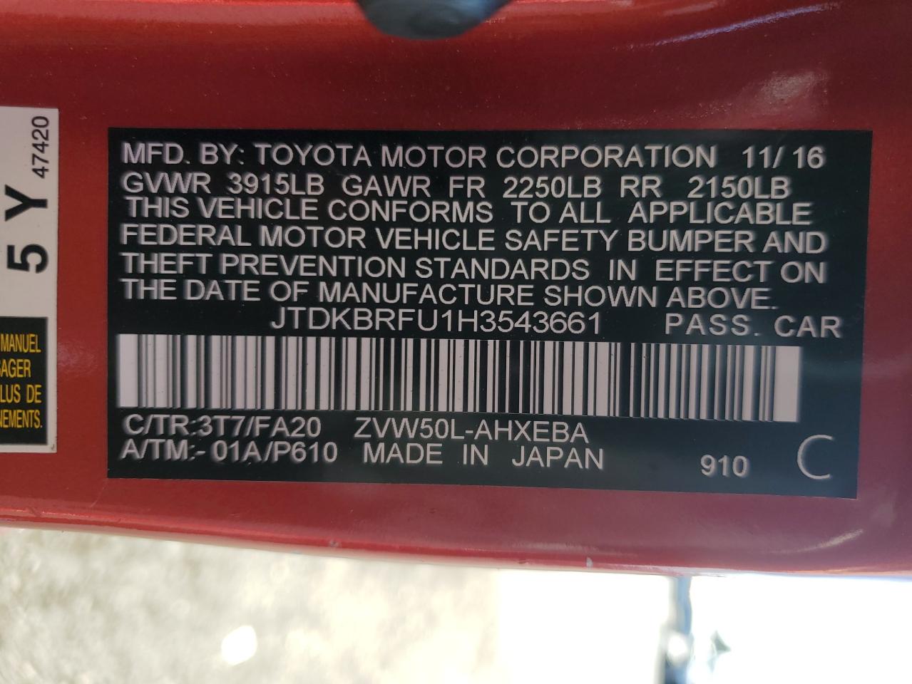 2017 Toyota Prius VIN JTDKBRFU1H3543661 Copart auction photo, side damage thumbnail 14