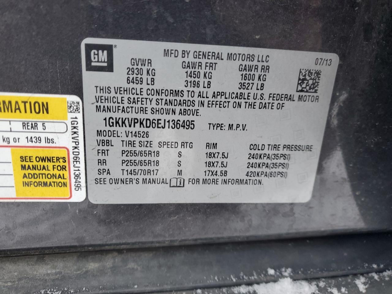 2014 GMC Acadia VIN 1GKKVPKD6EJ136495 Copart auction photo, front end / side damage thumbnail 14