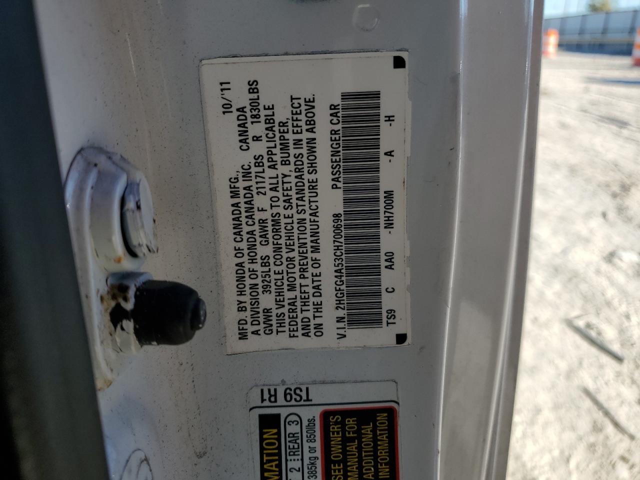 2012 Honda Civic VIN 2HGFG4A53CH700698 Copart auction photo, front end / side damage thumbnail 12