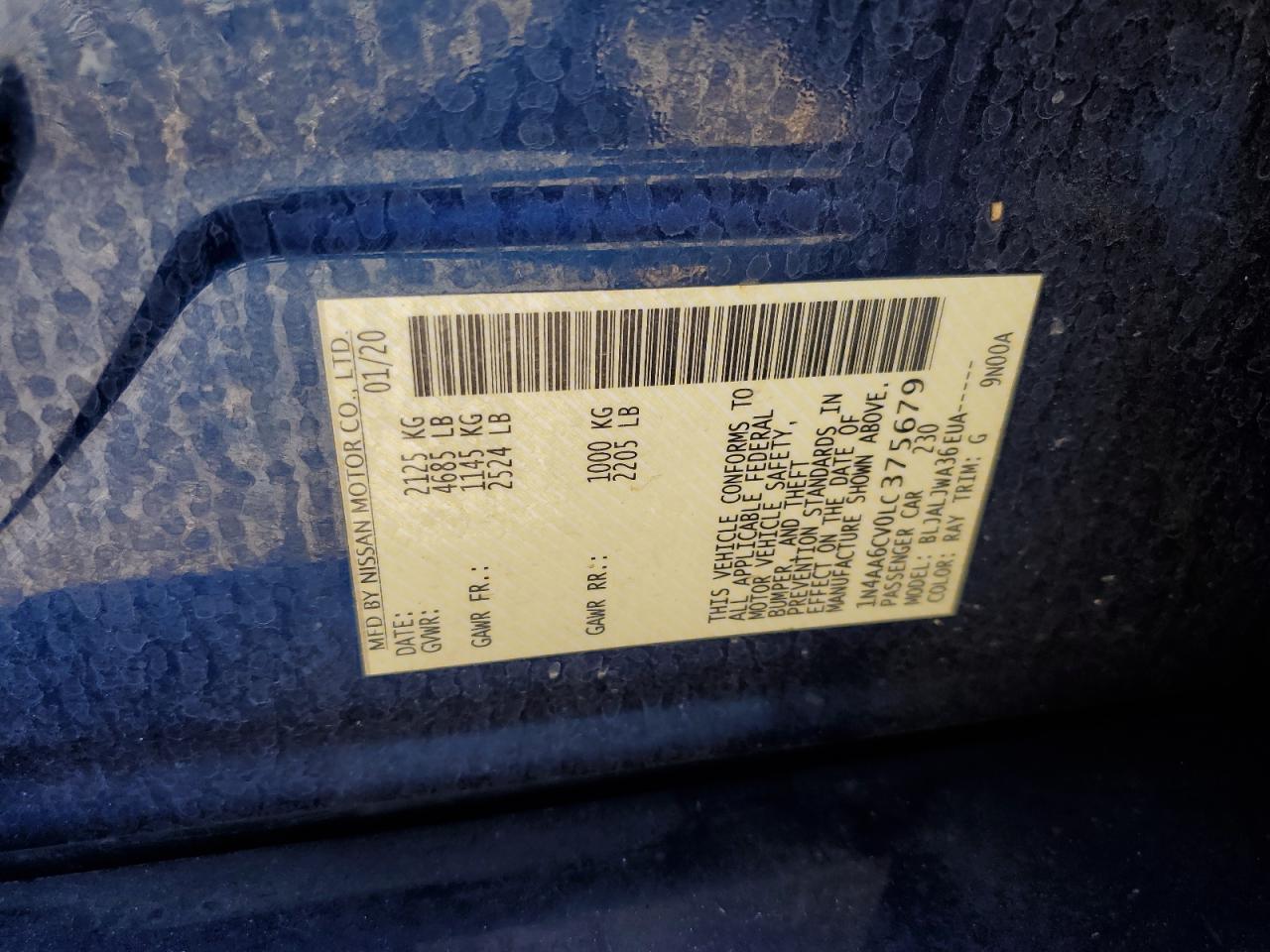 2020 Nissan Maxima VIN 1N4AA6CV0LC375679 Copart auction photo, rear end / front end damage thumbnail 12