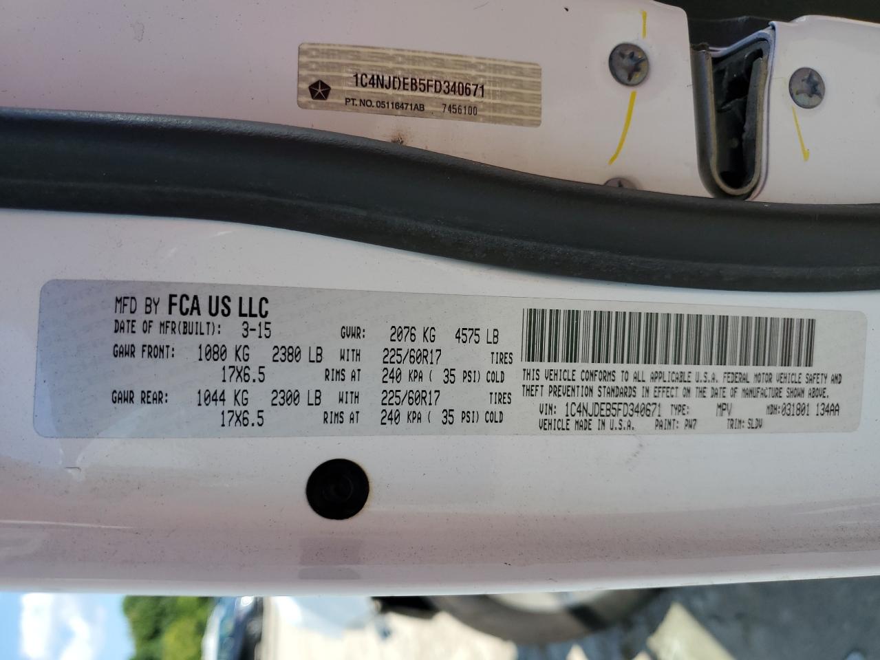 2015 Jeep Compass VIN 1C4NJDEB5FD340671 Copart auction photo, all over damage thumbnail 12