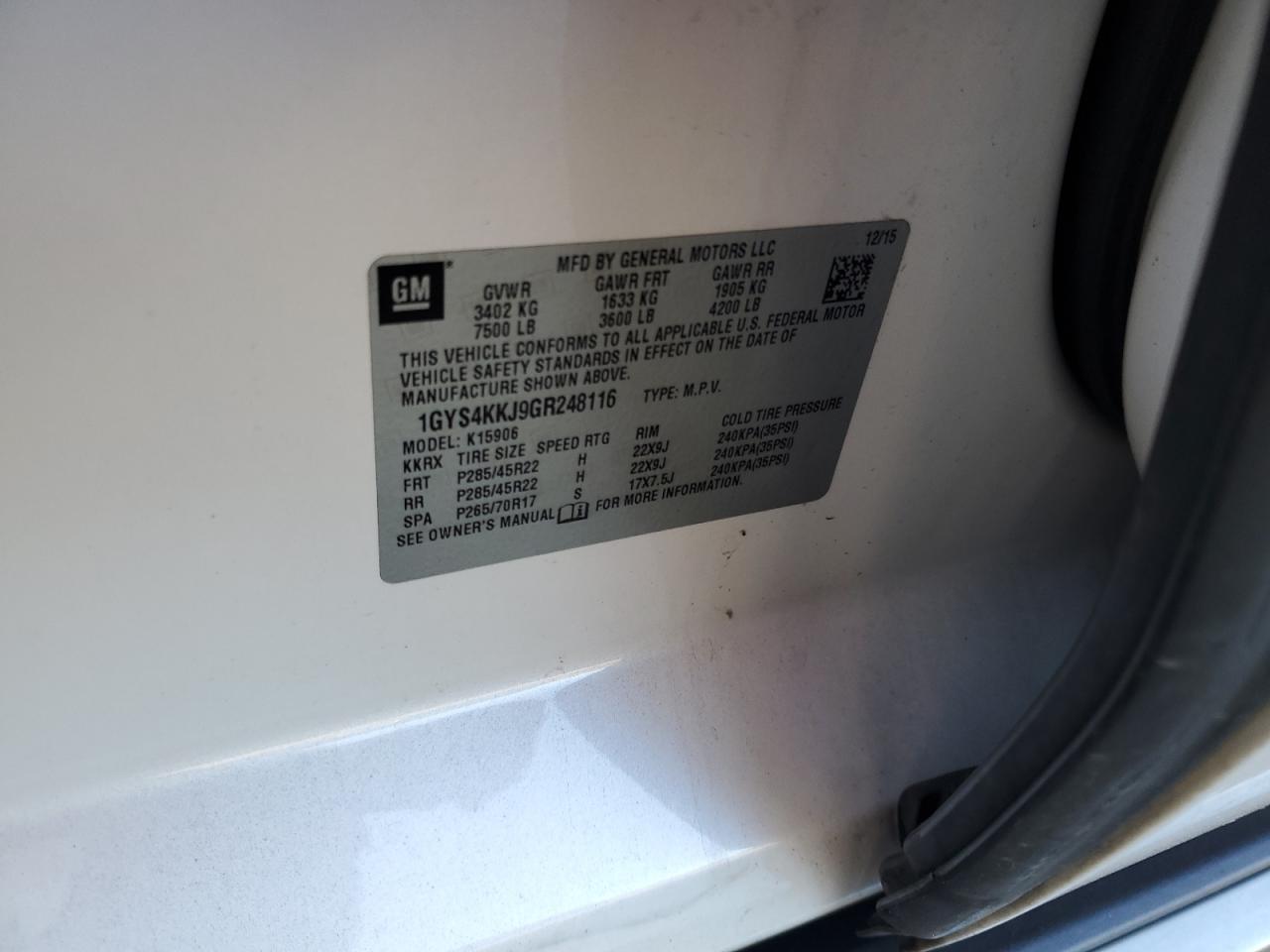 2016 Cadillac Escalade VIN 1GYS4KKJ9GR248116 Copart auction photo, front end damage thumbnail 12