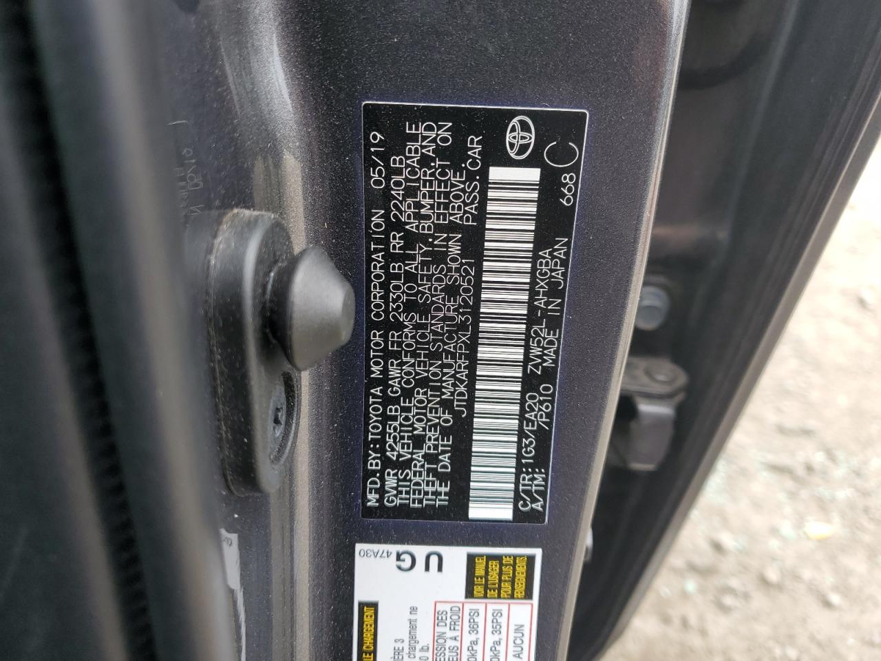 2020 Toyota Prius VIN JTDKARFPXL3120521 Copart auction photo, rear end damage thumbnail 14