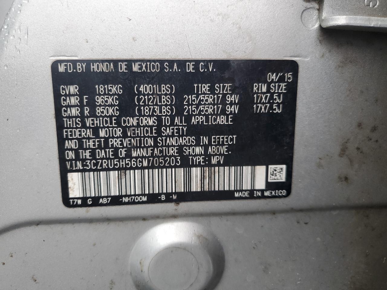 2016 Honda HR-V VIN 3CZRU5H56GM705203 Copart auction photo, front end / rear end damage thumbnail 13