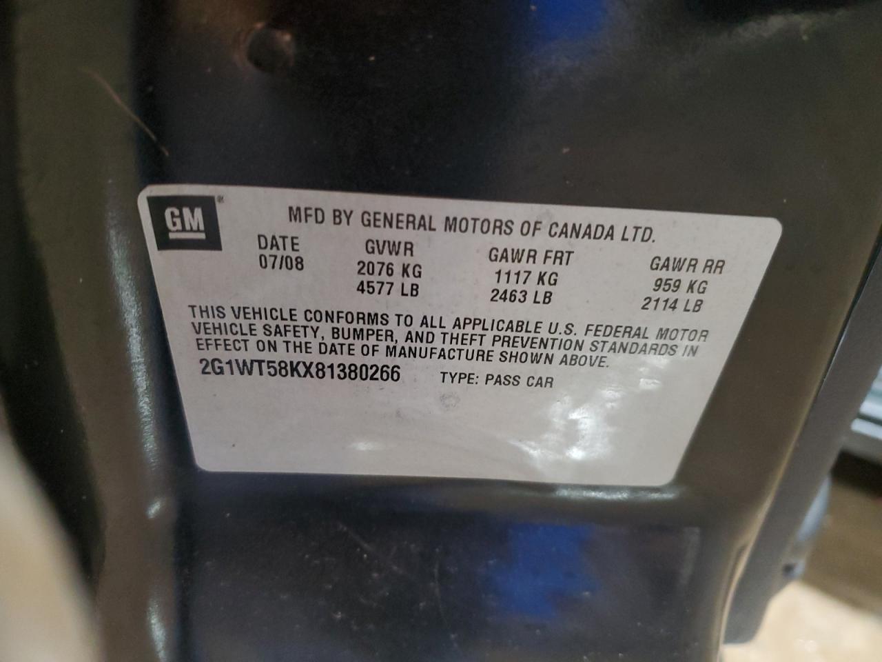 2008 Chevrolet Impala VIN 2G1WT58KX81380266 Copart auction photo, rear end / side damage thumbnail 12