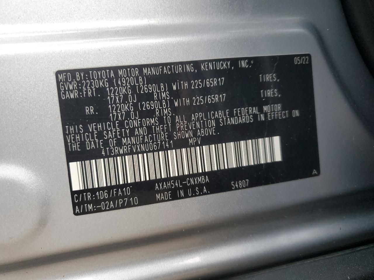 2022 Toyota RAV 4 VIN 4T3RWRFVXNU067141 Copart auction photo, rear end damage thumbnail 13