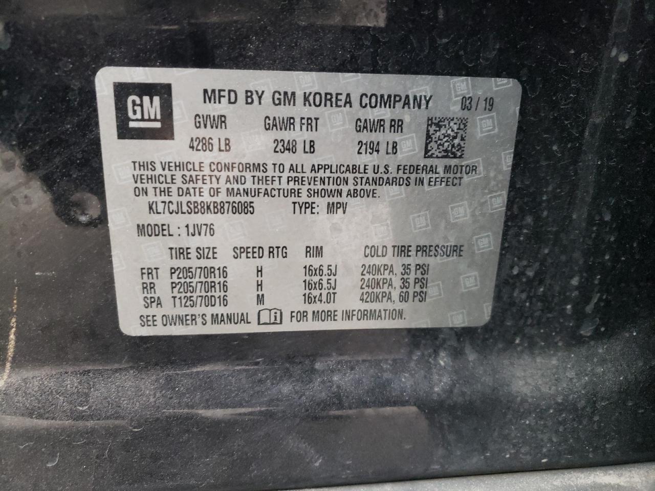 2019 Chevrolet Trax VIN KL7CJLSB8KB876085 Copart auction photo, front end damage thumbnail 12