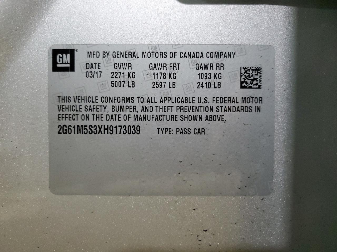 2017 Cadillac XTS VIN 2G61M5S3XH9173039 Copart auction photo, rear end / front end damage thumbnail 12