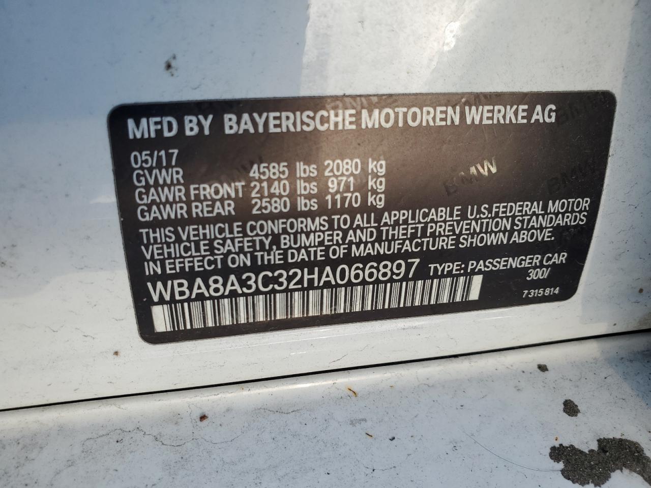 2017 BMW 3er VIN WBA8A3C32HA066897 Copart auction photo, hail damage thumbnail 12