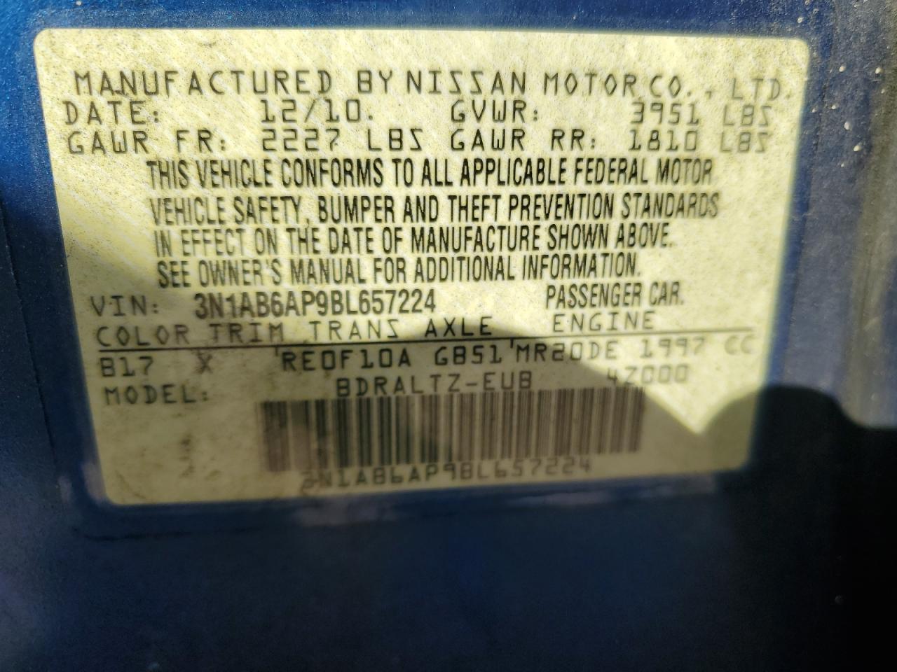 2011 Nissan Sentra VIN 3N1AB6AP9BL657224 Copart auction photo, front end / side damage thumbnail 12