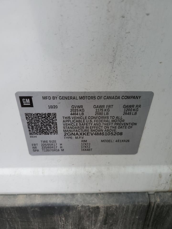2021 Chevrolet Equinox VIN 2GNAXKEV4M6105208 Copart auction photo, front end / side damage thumbnail 13