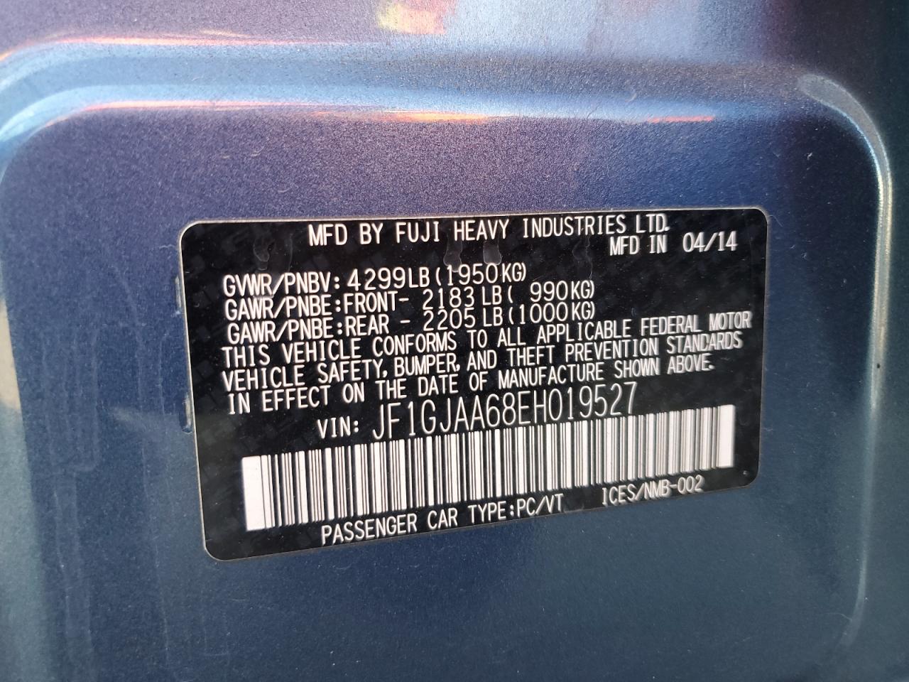 2014 Subaru Impreza VIN JF1GJAA68EH019527 Copart auction photo, rear end / frame damage damage thumbnail 13