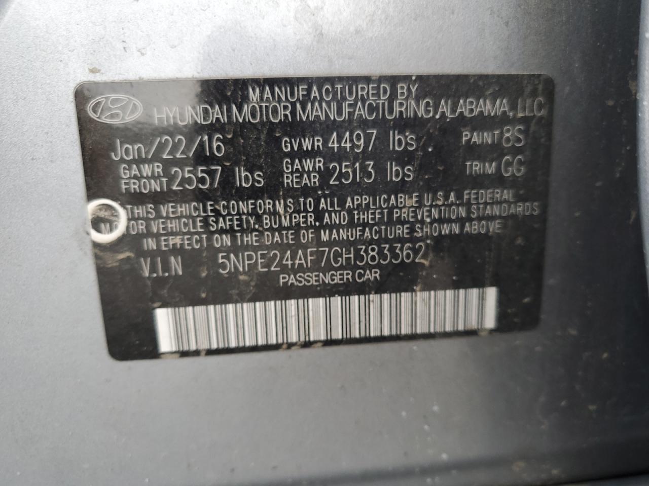 2016 Hyundai Sonata VIN 5NPE24AF7GH383362 Copart auction photo, front end damage thumbnail 12