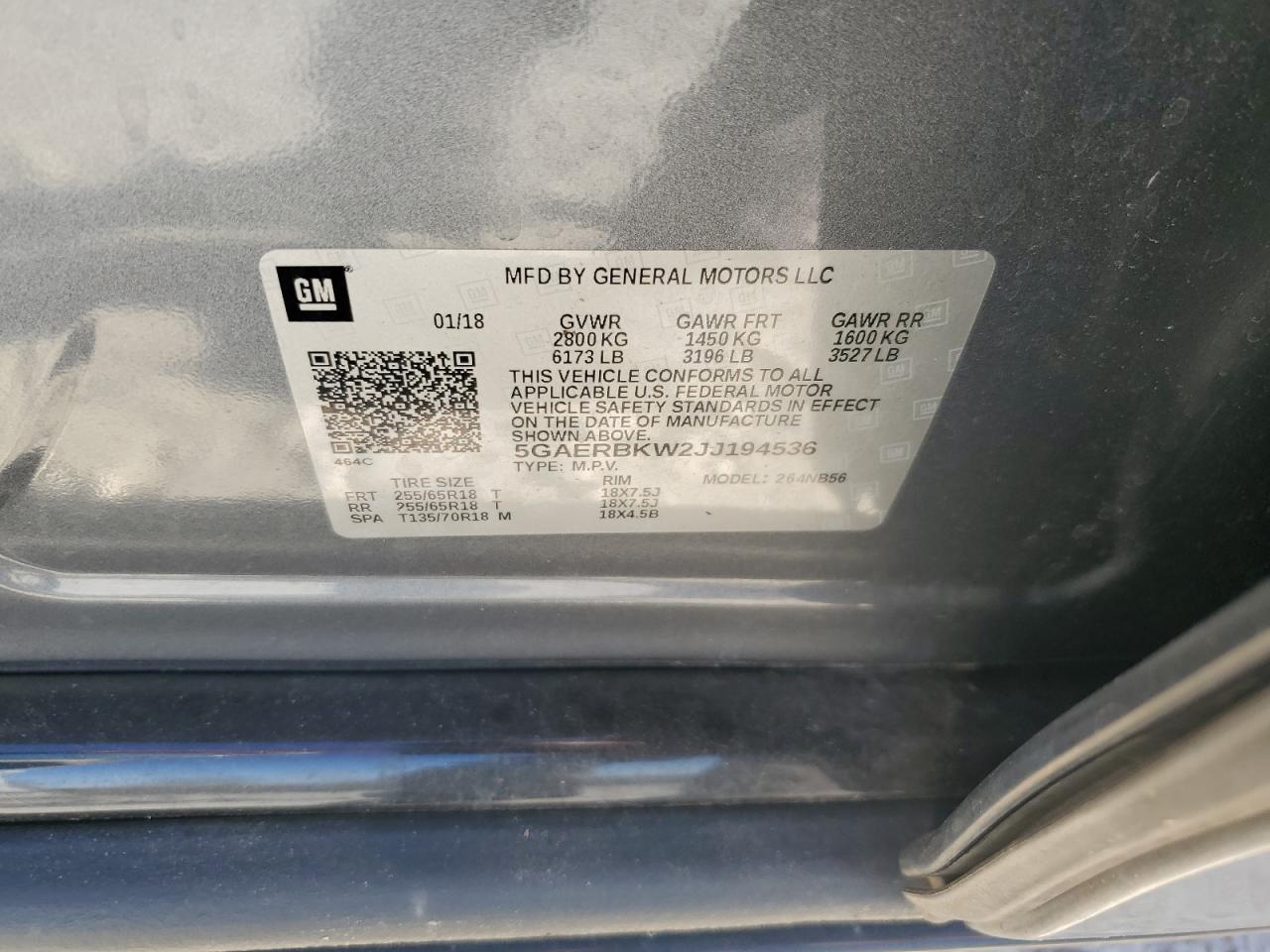 2018 Buick Enclave VIN 5GAERBKW2JJ194536 Copart auction photo, front end damage thumbnail 14