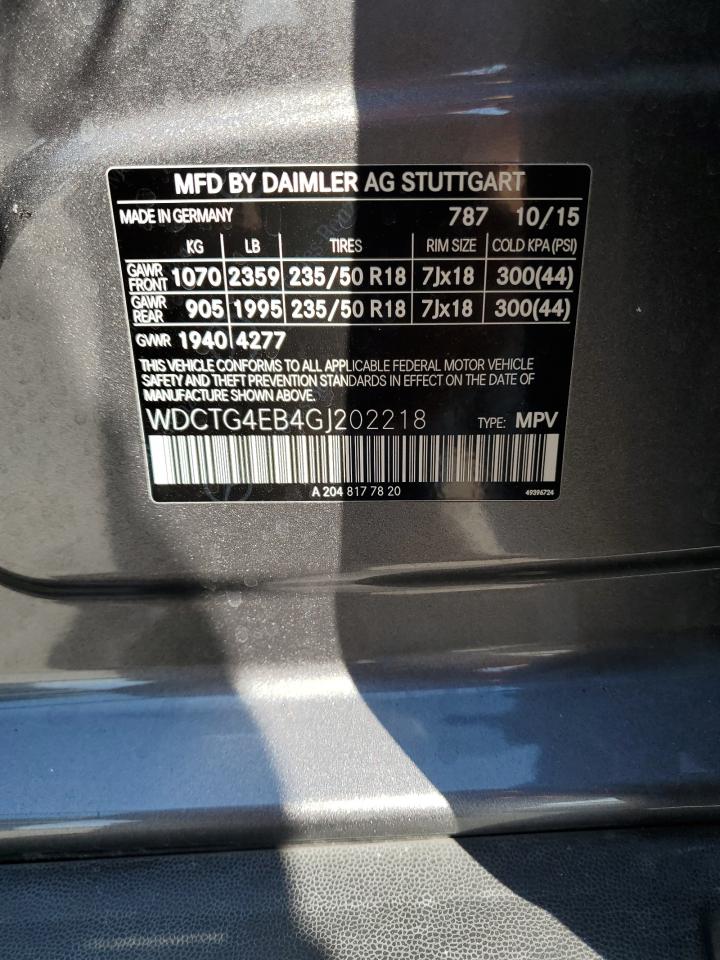 2016 Mercedes-Benz GLA-klasse VIN WDCTG4EB4GJ202218 Copart auction photo, front end damage thumbnail 15