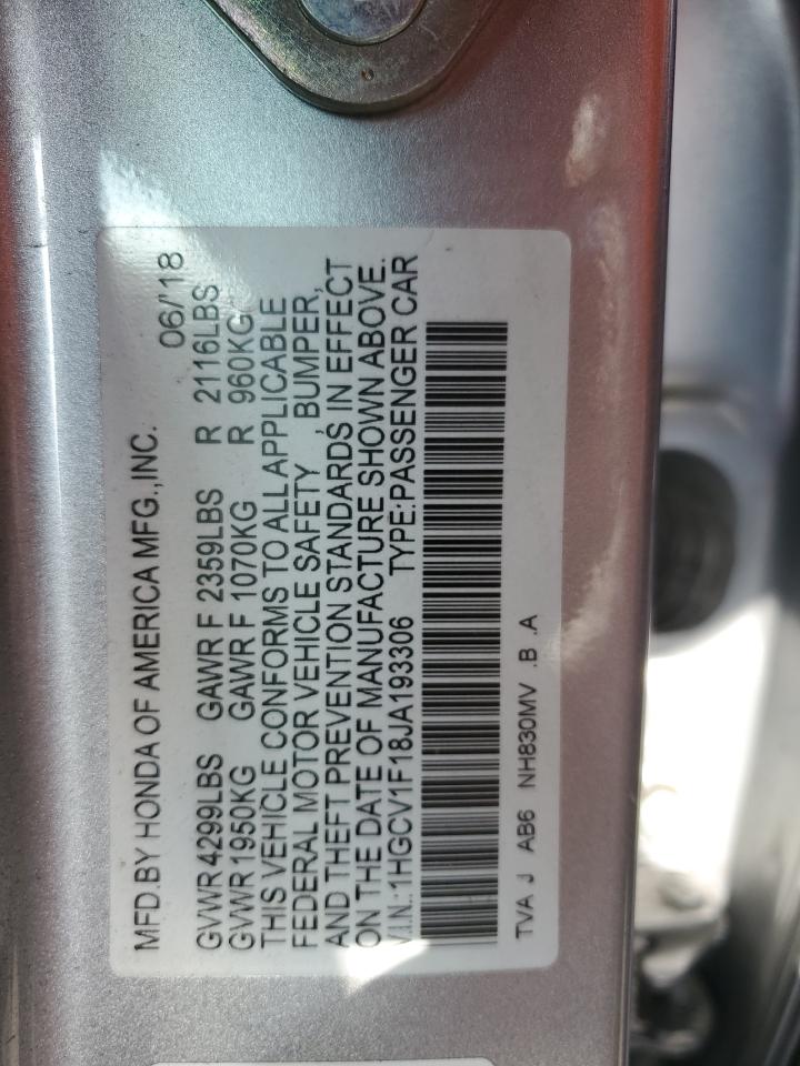 2018 Honda Accord VIN 1HGCV1F18JA193306 Copart auction photo, rear end damage thumbnail 12