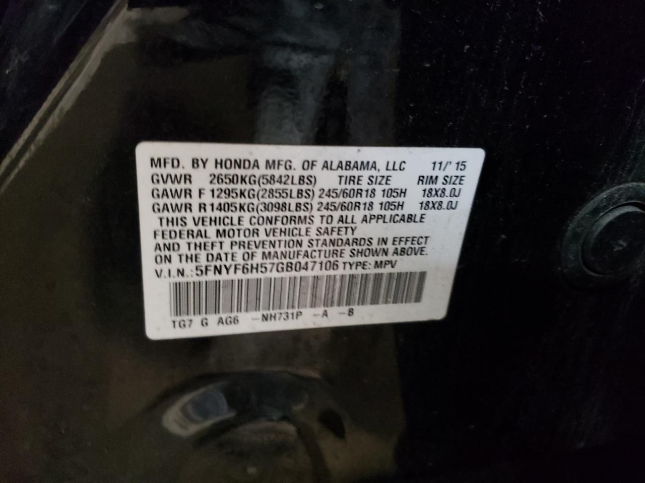 2016 Honda Pilot VIN 5FNYF6H57GB047106 Copart auction photo, mechanical damage thumbnail 13