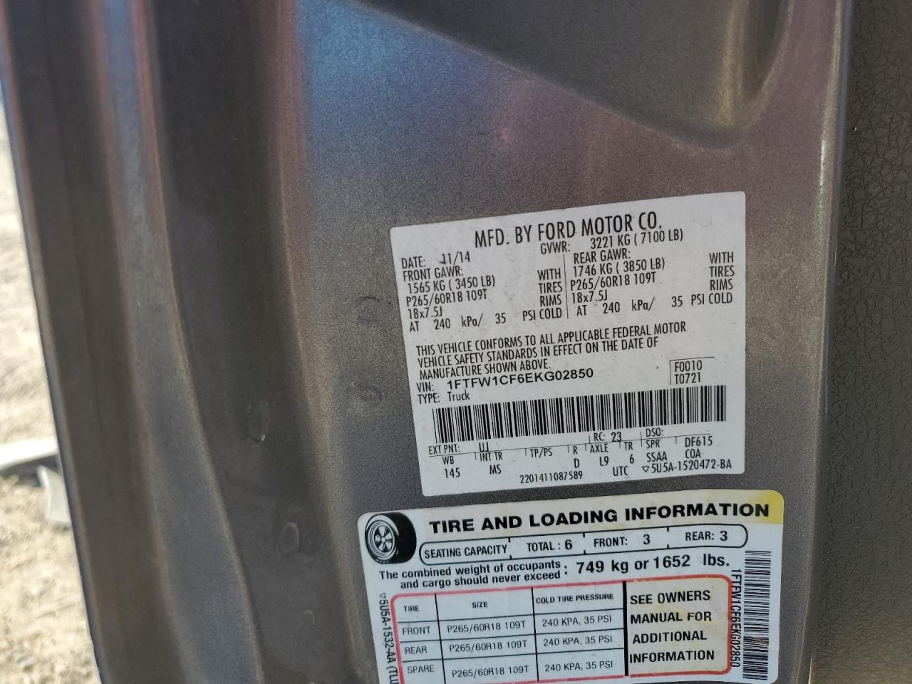 2014 Ford F-150 VIN 1FTFW1CF6EKG02850 Copart auction photo, front end damage thumbnail 14