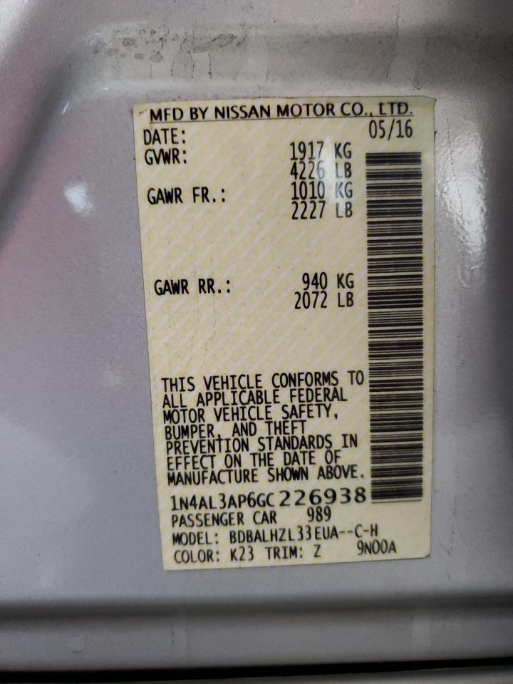2016 Nissan Altima VIN 1N4AL3AP6GC226938 Copart auction photo, rear end damage thumbnail 13