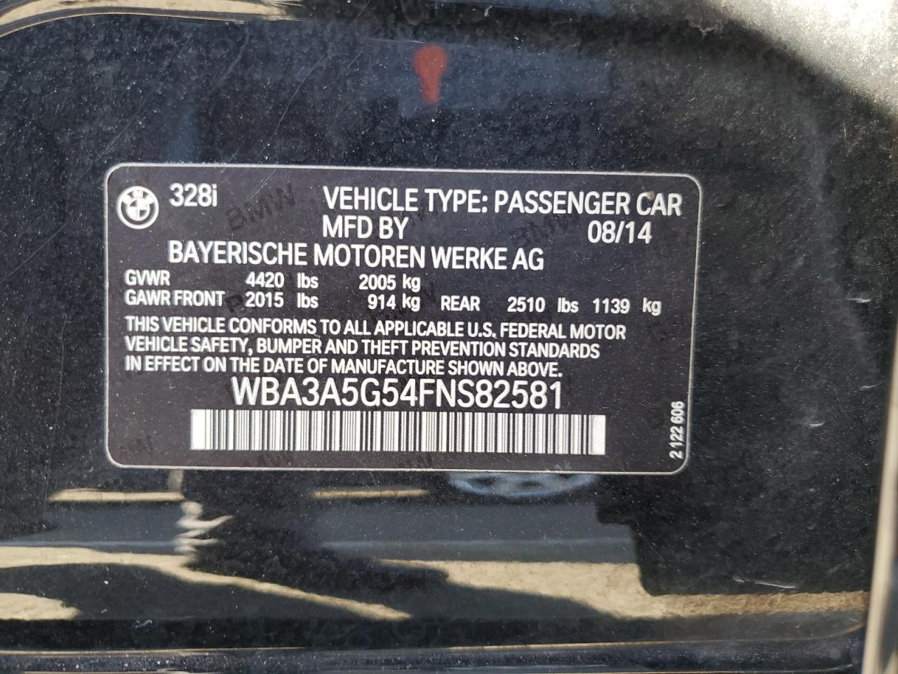 2015 BMW 3er VIN WBA3A5G54FNS82581 Copart auction photo, front end / rear end damage thumbnail 13