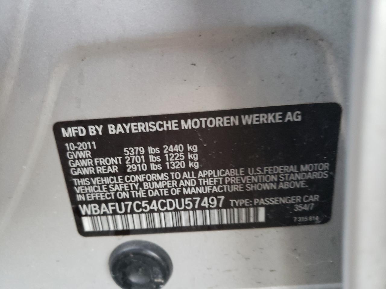 2012 BMW 5er VIN WBAFU7C54CDU57497 Copart auction photo, front end damage thumbnail 12