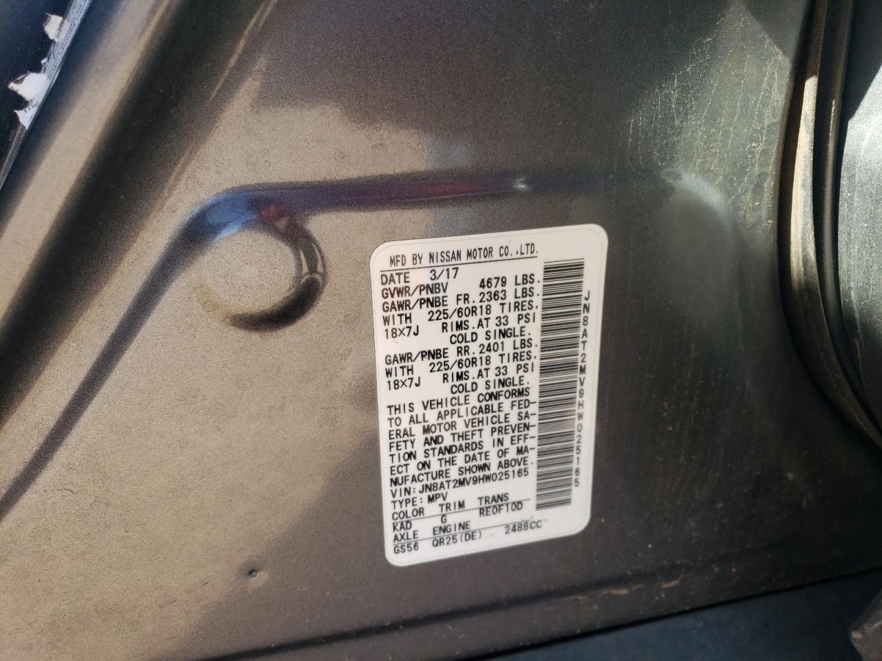 2017 Nissan Rogue VIN JN8AT2MV9HW025165 Copart auction photo, all over / normal wear damage thumbnail 13