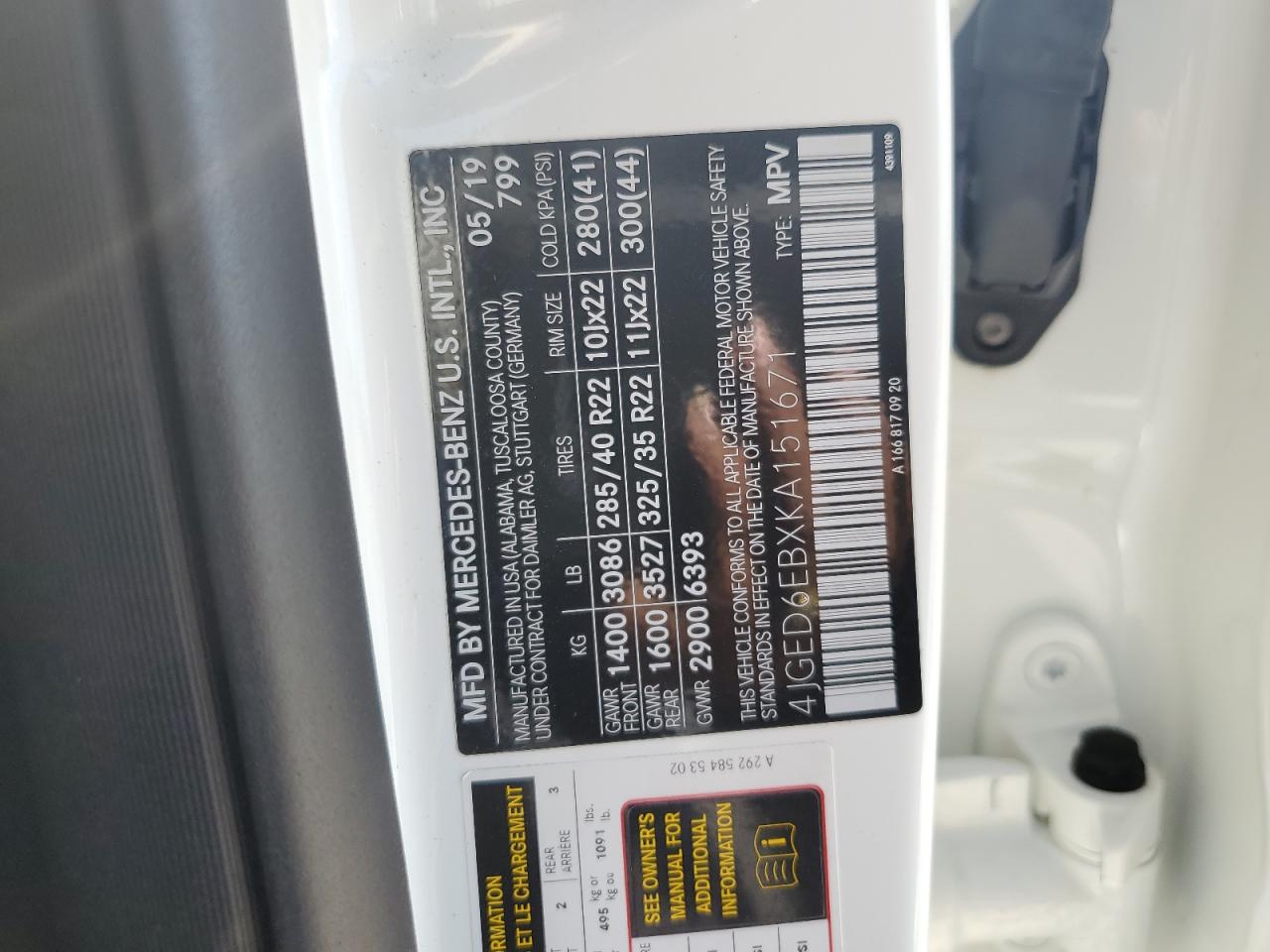 2019 Mercedes-Benz GLE VIN 4JGED6EBXKA151671 Copart auction photo, water/flood damage thumbnail 14