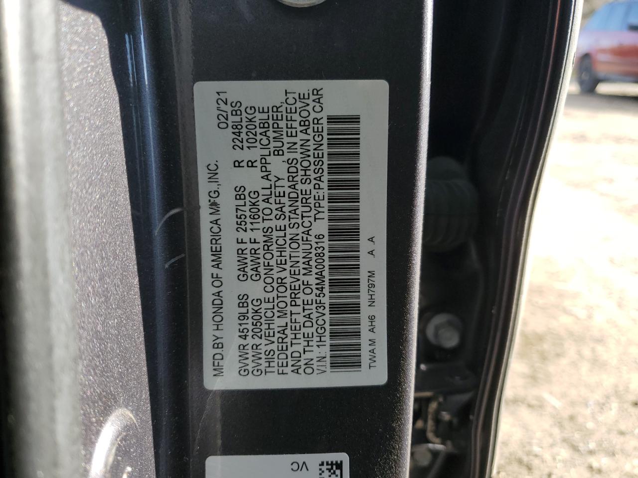 2021 Honda Accord VIN 1HGCV3F54MA008316 Copart auction photo, front end / side damage thumbnail 14