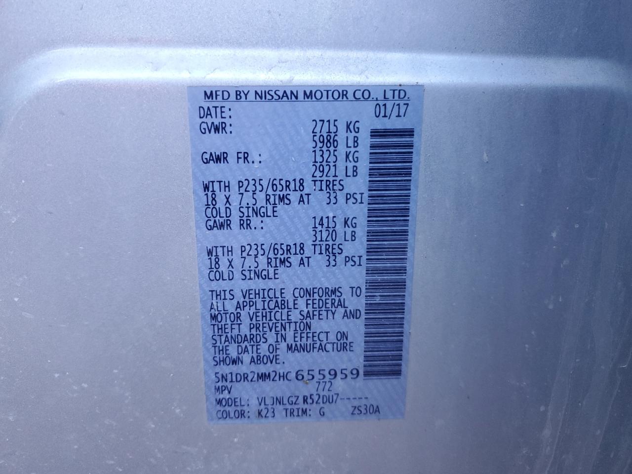 2017 Nissan Pathfinder VIN 5N1DR2MM2HC655959 Copart auction photo, front end / rear end damage thumbnail 13