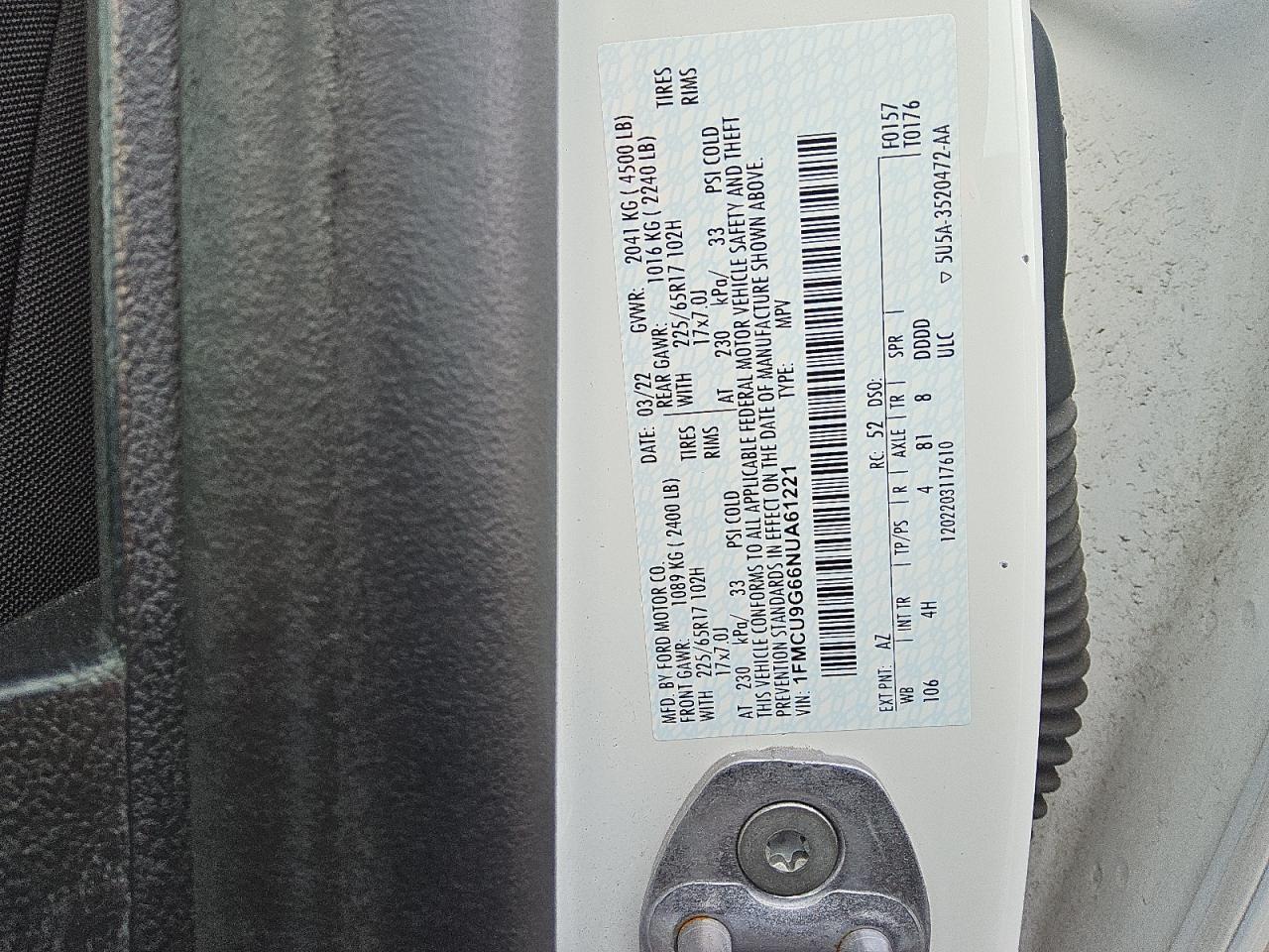 2022 Ford Escape VIN 1FMCU9G66NUA61221 Copart auction photo, all over damage thumbnail 13